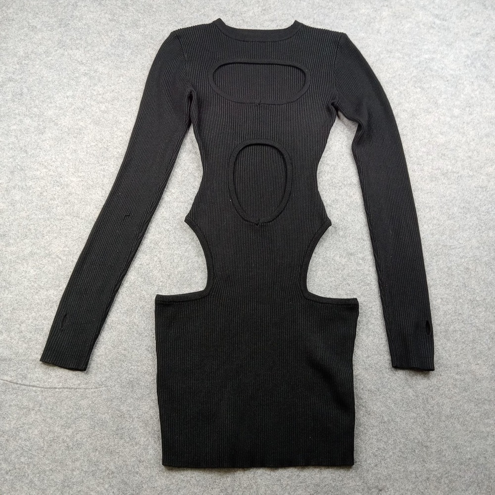 PRETTYLITTLETHING Dress Womens Small Black Cutout Bodycon Mini Knit Long Sleeve